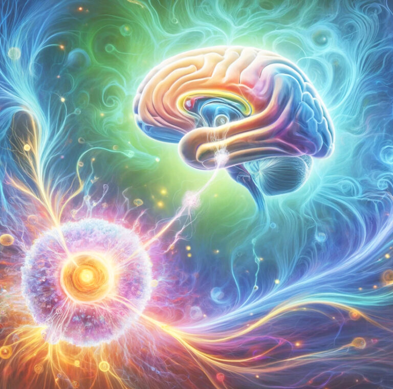 Colorful symbolic artwork of a brain connected to a glowing cell by swirling light