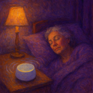 Glowing white noise machine on a nightstand in a cozy purple bedroom