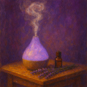 Essential oil diffuser releasing mist beside lavender sprigs
