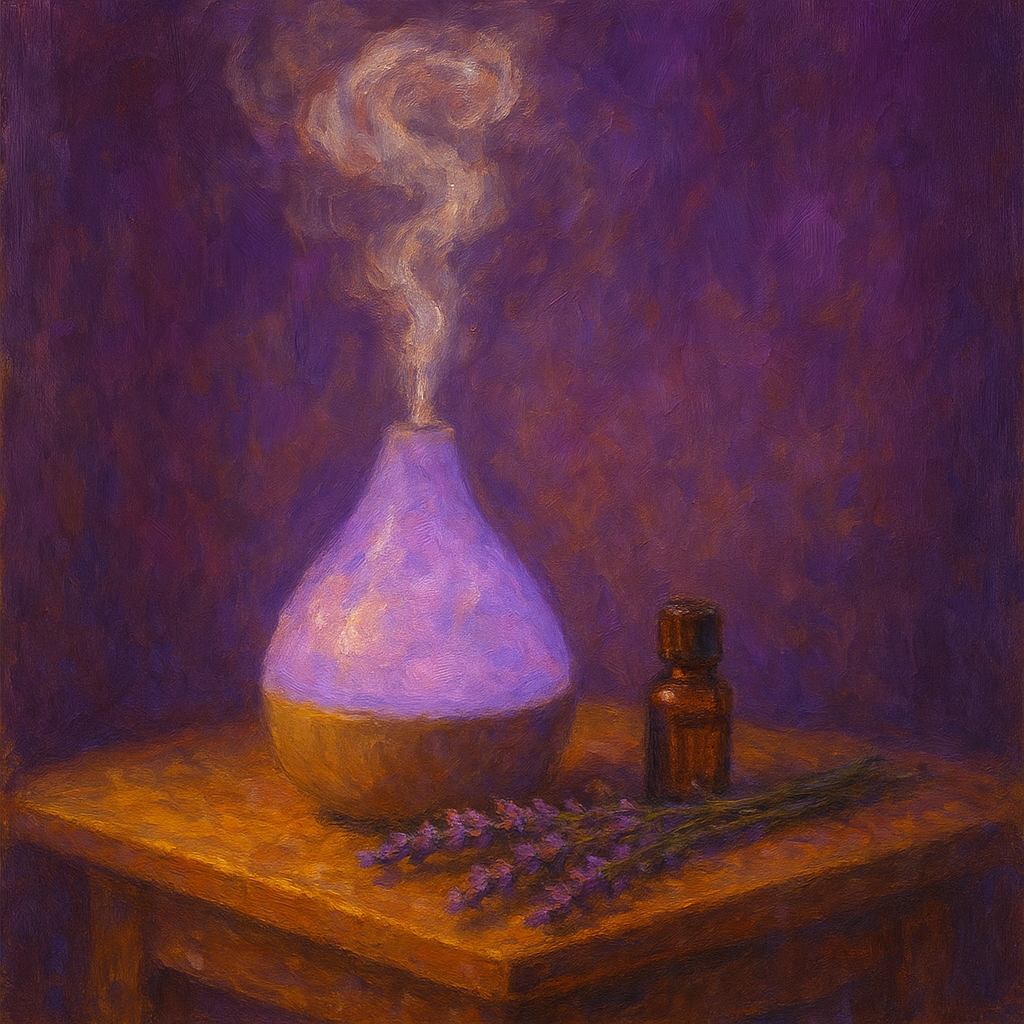 Essential oil diffuser releasing mist beside lavender sprigs