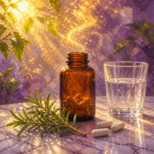 Amber supplement bottle and capsules with a glass of water in golden light