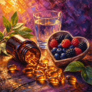 Golden softgel capsules beside a heart-shaped bowl of berries