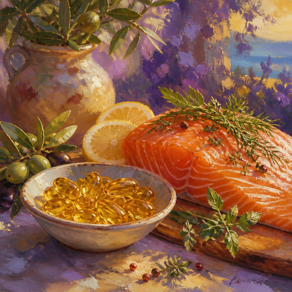 Golden omega-3 softgels beside salmon, lemon, and herbs