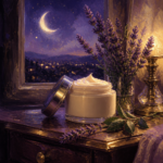 Night cream jar on a nightstand under a crescent moon