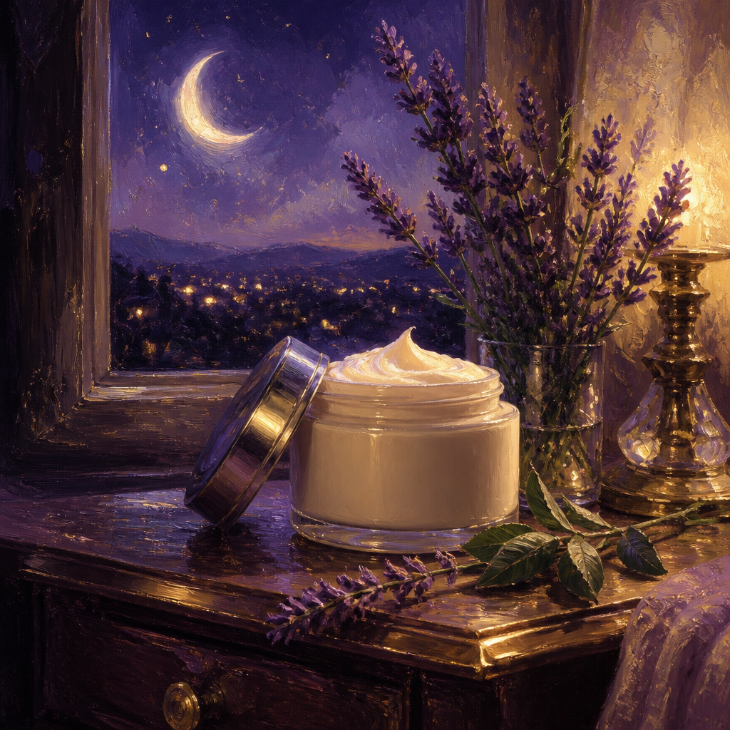Night cream jar on a nightstand under a crescent moon