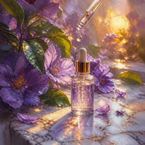 Serum dropper bottle with a water droplet among leaves and petals