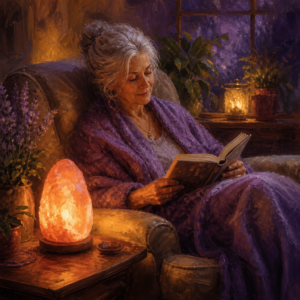 Glowing Himalayan salt lamp in a cozy reading nook
