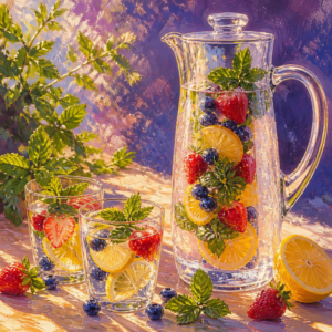 Glass infuser pitcher filled with berries, lemon, and mint