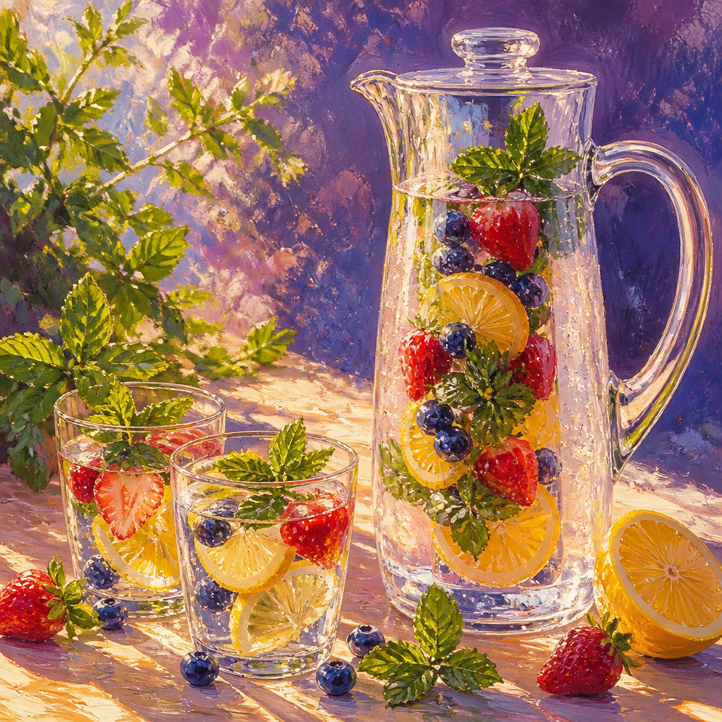 Glass infuser pitcher filled with berries, lemon, and mint