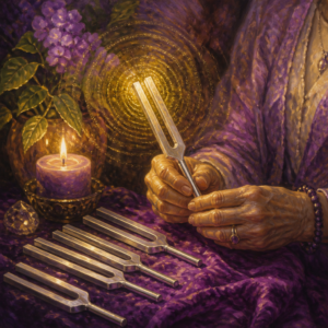 Silver tuning forks on purple velvet with shimmering sound waves