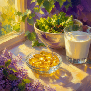 Golden softgels in sunlight beside leafy greens