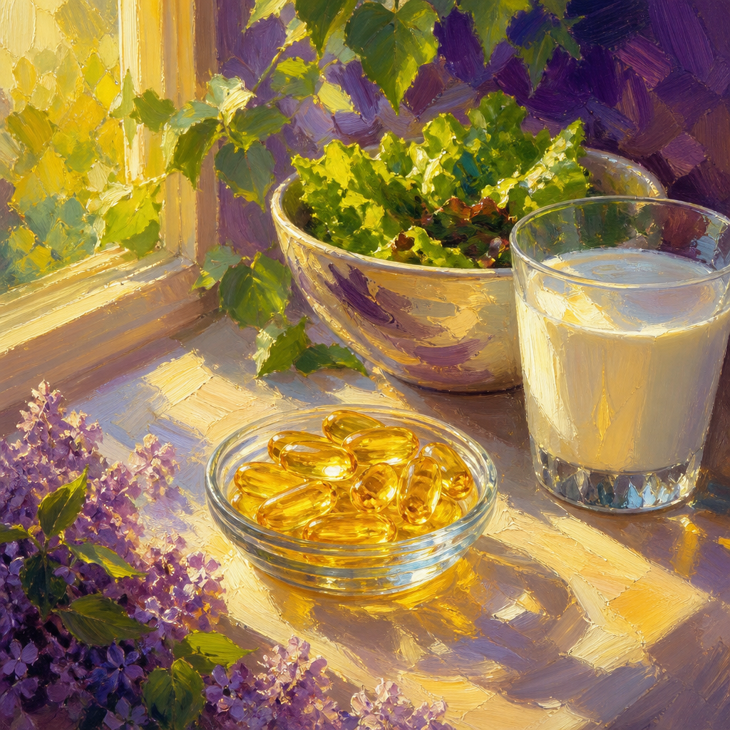 Golden softgels in sunlight beside leafy greens
