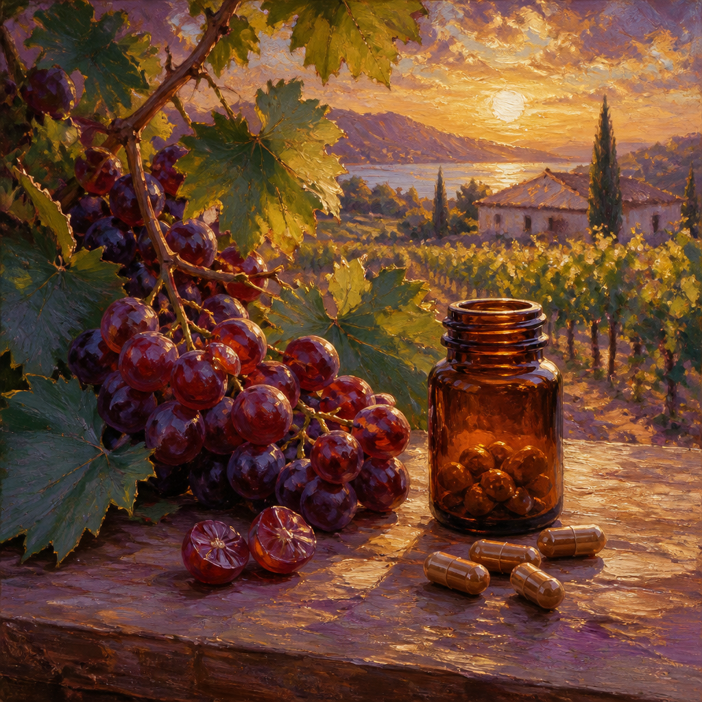 Red grapes and supplement capsules with a sunlit vineyard behind