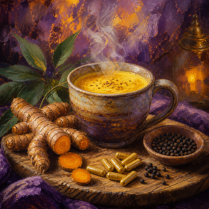 Golden turmeric latte with turmeric root, peppercorns, and capsules