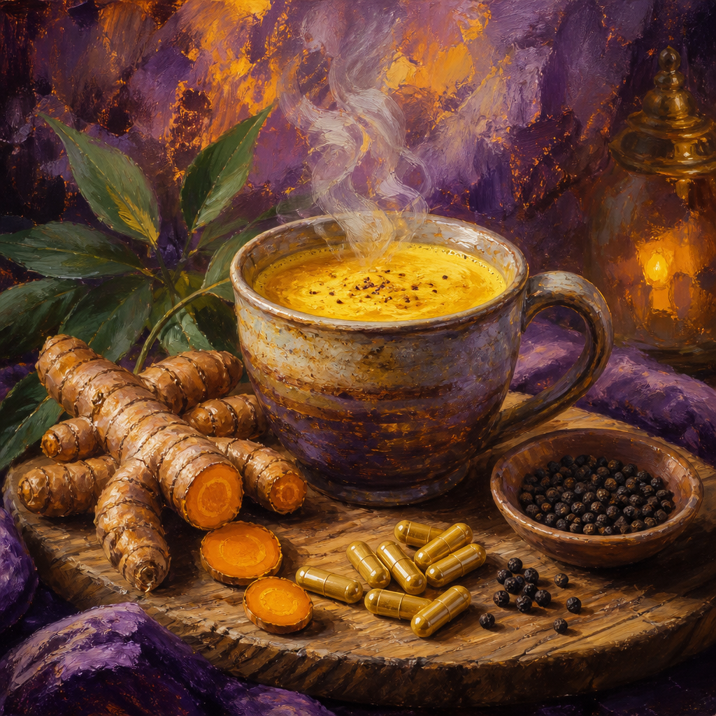 Golden turmeric latte with turmeric root, peppercorns, and capsules