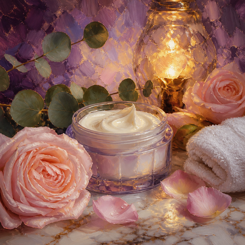 Open jar of rich moisturizer with rose petals and eucalyptus