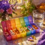 Colorful weekly pill organizer filled with vitamins on a sunny counter