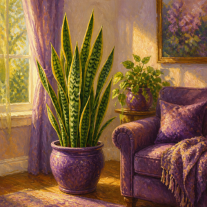Tall snake plant in a purple pot in a sunny living room corner