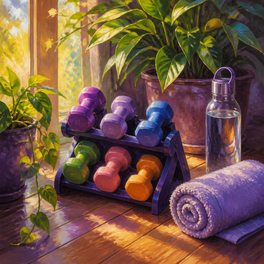 Still life of colorful light hand weights on a small stand with plants