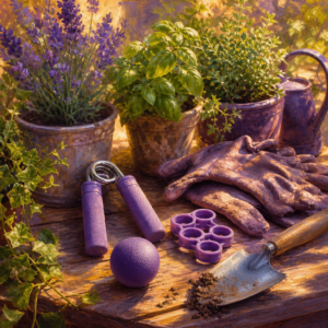 Still life of hand grip trainer, finger stretcher, and squeeze ball with garden tools
