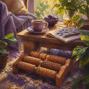 Still life of a textured foot massage roller beside a coffee cup and crossword