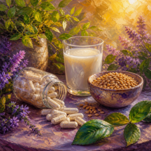 Painterly still life of white NR capsules beside an unlabeled bottle and fresh green leaves in purple and golden light