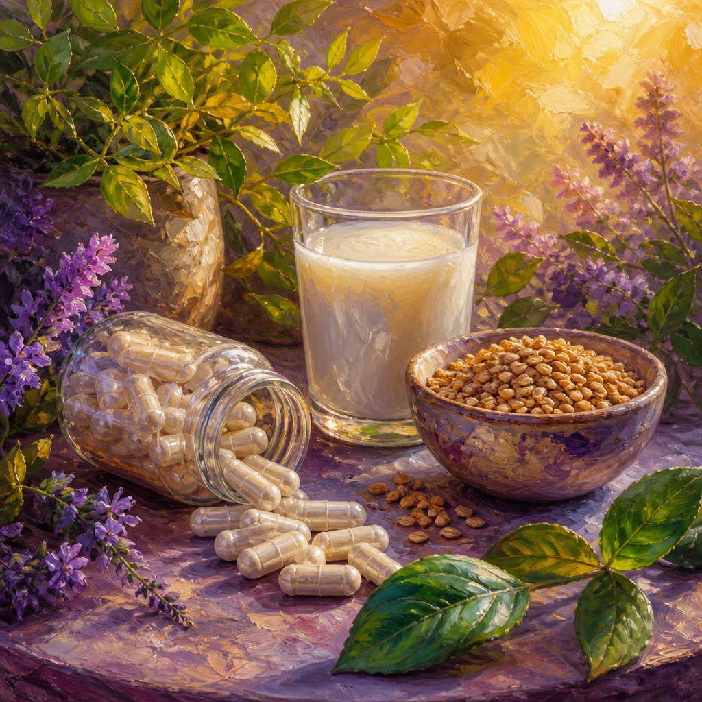 Painterly still life of white NR capsules beside an unlabeled bottle and fresh green leaves in purple and golden light