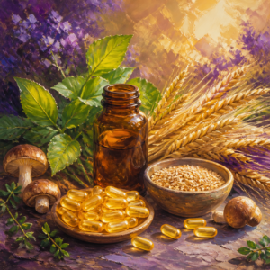 Painterly still life of capsules with an unlabeled bottle, wheat germ and golden wheat stalks in purple light
