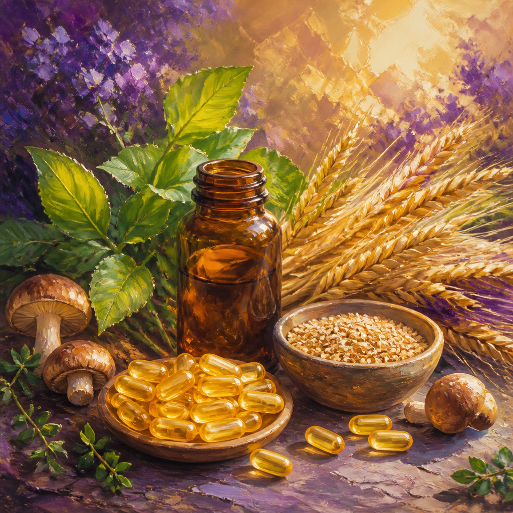 Painterly still life of capsules with an unlabeled bottle, wheat germ and golden wheat stalks in purple light