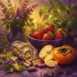 Painterly still life of capsules, an unlabeled bottle and ripe strawberries in purple and golden light