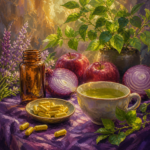 Painterly still life of capsules, an unlabeled bottle, red apples and red onions in purple and golden light