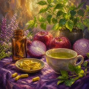 Painterly still life of capsules, an unlabeled bottle, red apples and red onions in purple and golden light