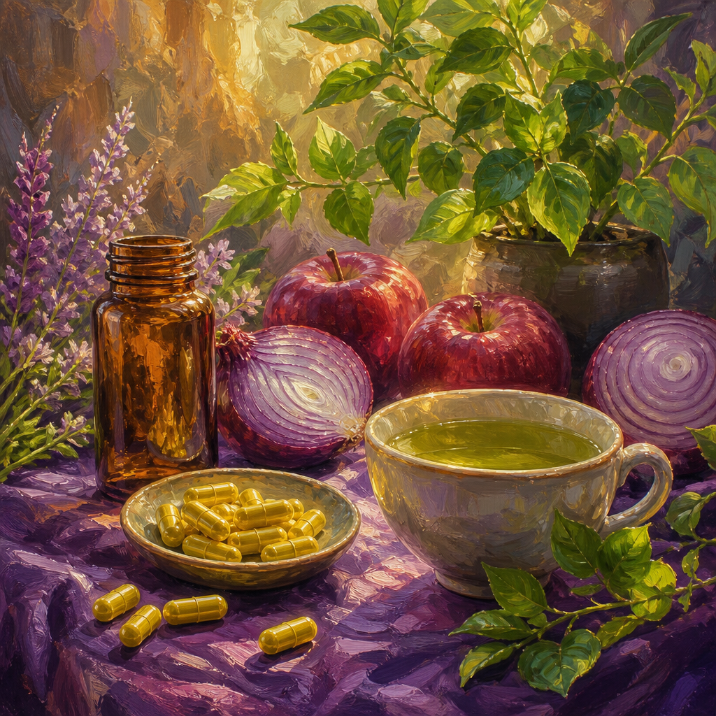 Painterly still life of capsules, an unlabeled bottle, red apples and red onions in purple and golden light