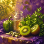 Painterly still life of small capsules, an unlabeled bottle, sliced kiwi and parsley in purple and golden light