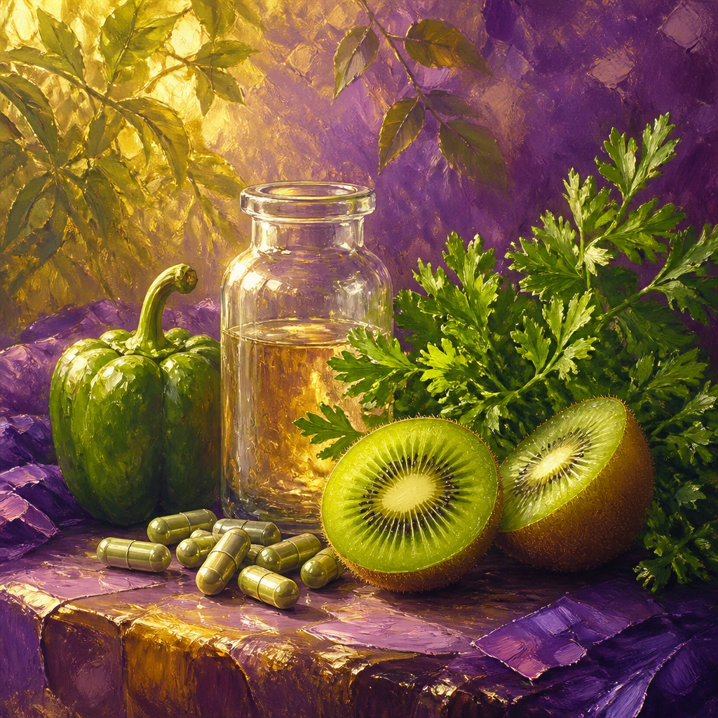 Painterly still life of small capsules, an unlabeled bottle, sliced kiwi and parsley in purple and golden light