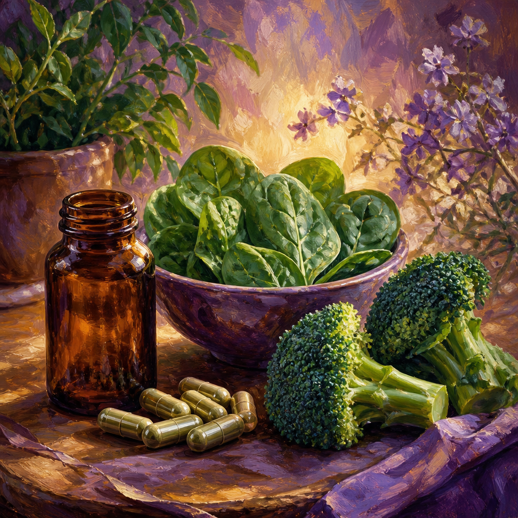 Painterly still life of capsules, an unlabeled bottle, fresh spinach and broccoli in purple and golden light