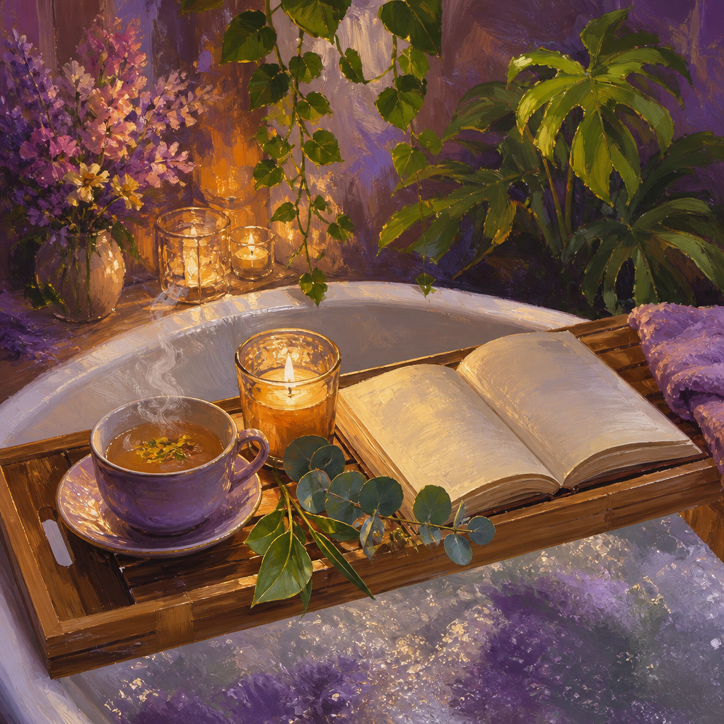 Elegant still life of a wooden bathtub tray holding tea, a candle, and an open book over a bubble bath