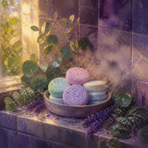Still life of colorful aromatherapy shower tablets with eucalyptus and lavender in a steamy shower
