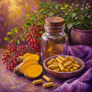 Painterly still life of golden capsules, an unlabeled bottle and barberry branches in purple and golden light
