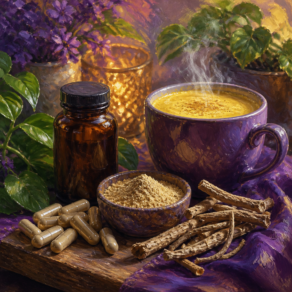 Painterly still life of ashwagandha capsules, root powder, dried roots and a warm mug in purple and golden light