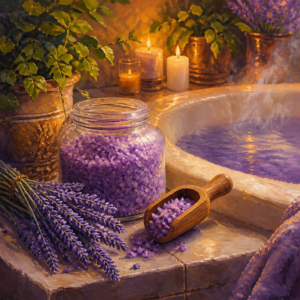 Elegant still life of lavender bath salts beside a candlelit bathtub
