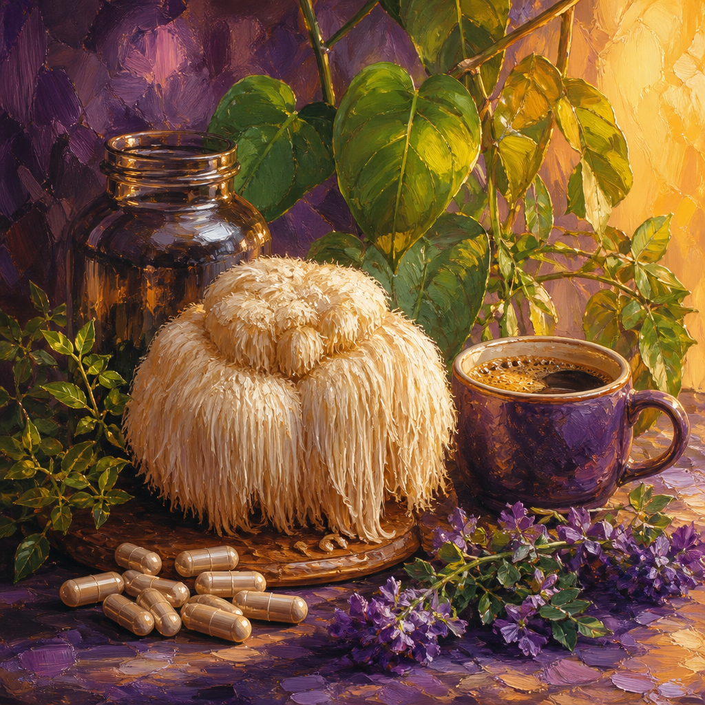 Painterly still life of a white lion's mane mushroom with capsules and an unlabeled bottle in purple and golden light