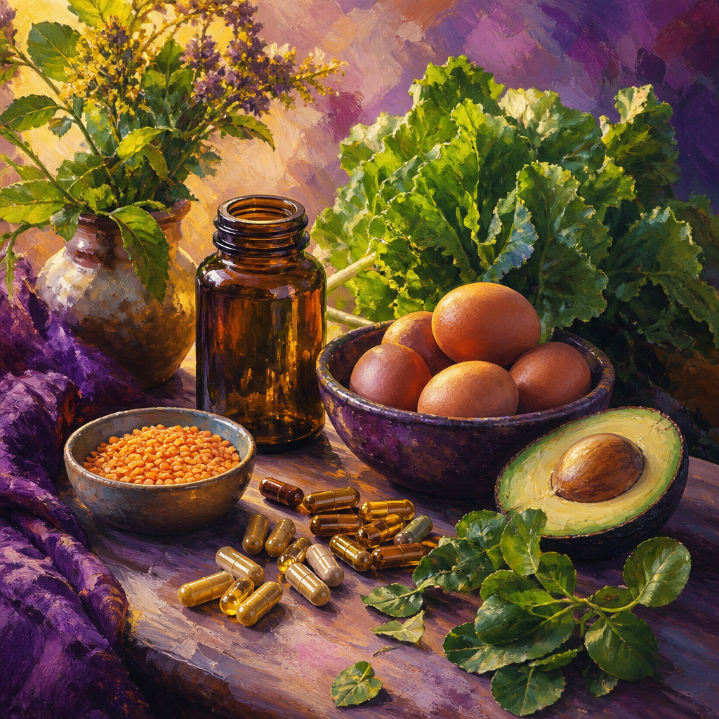 Painterly still life of capsules, an unlabeled bottle, eggs, leafy greens and lentils in purple and golden light