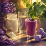 Painterly still life of white creatine powder with a scoop, an unlabeled jar and a glass of water in purple and golden light