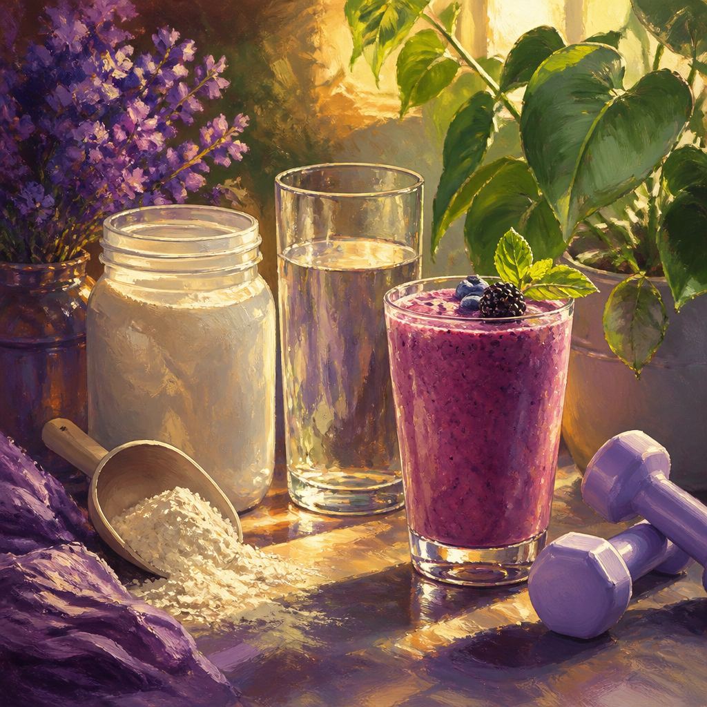 Painterly still life of white creatine powder with a scoop, an unlabeled jar and a glass of water in purple and golden light