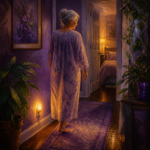Soft amber night light glowing in a peaceful hallway at night