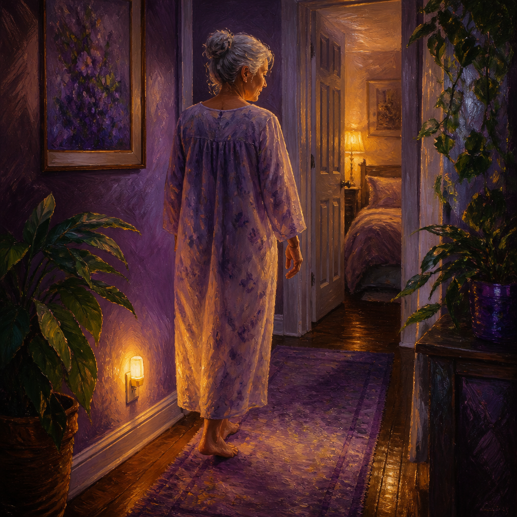 Soft amber night light glowing in a peaceful hallway at night