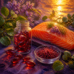 Painterly still life of ruby-red softgels, an unlabeled bottle and fresh salmon in purple and golden light