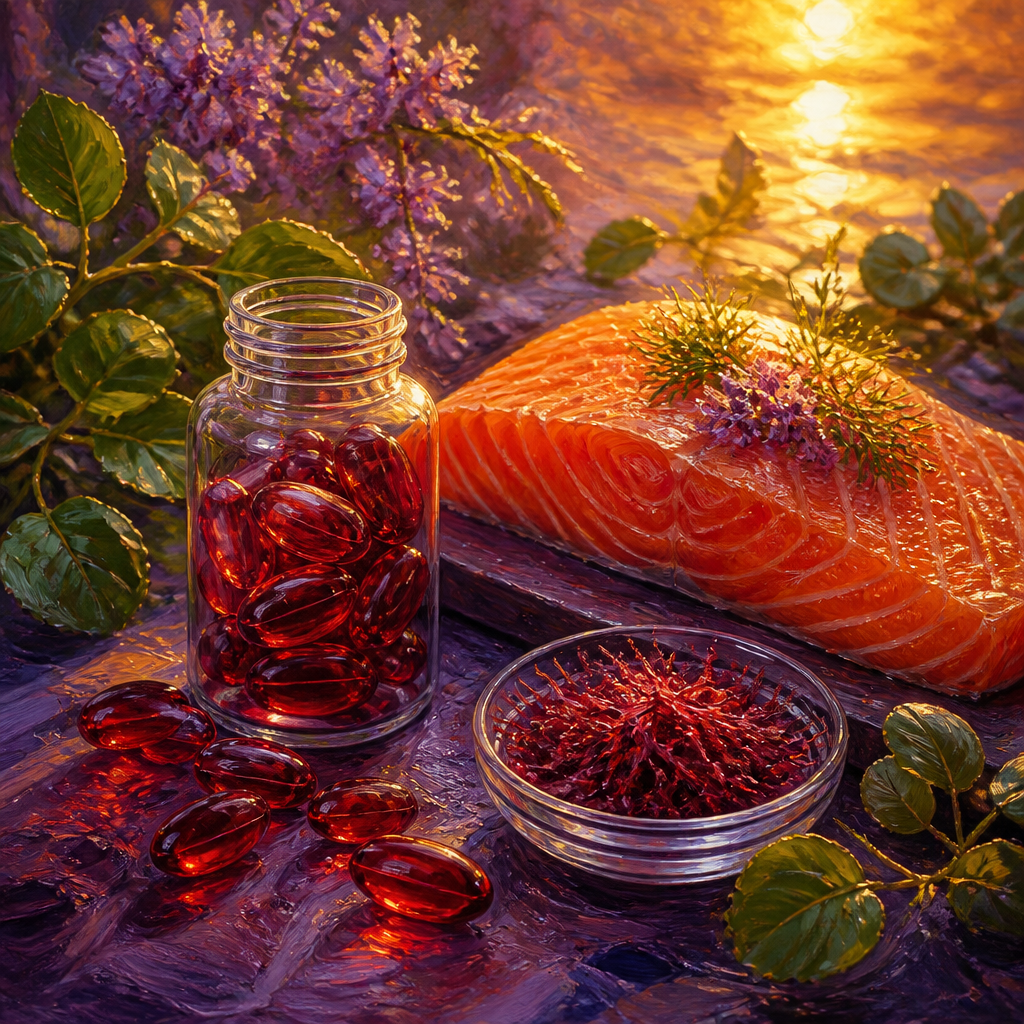 Painterly still life of ruby-red softgels, an unlabeled bottle and fresh salmon in purple and golden light