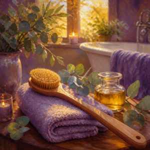 Elegant still life of a natural bristle body brush with eucalyptus and a folded towel